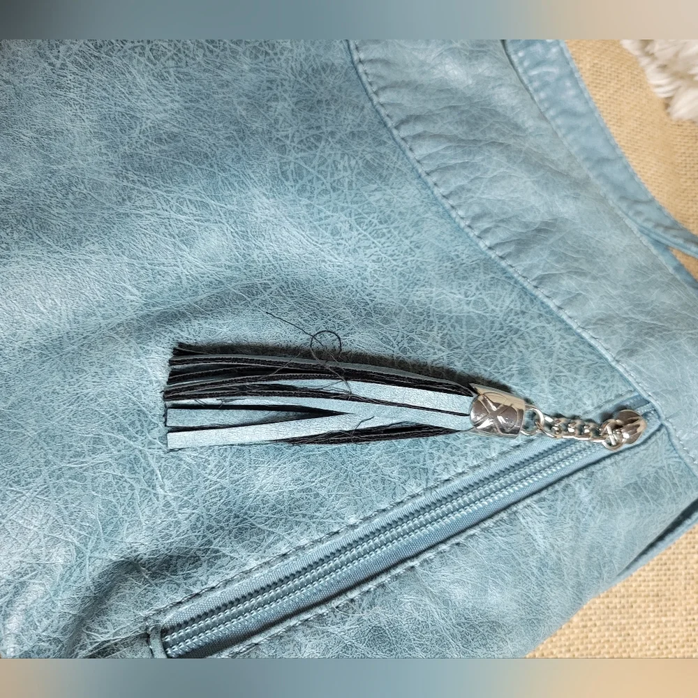 Greyish blue faux leather shoulder bag with silver tone hardware